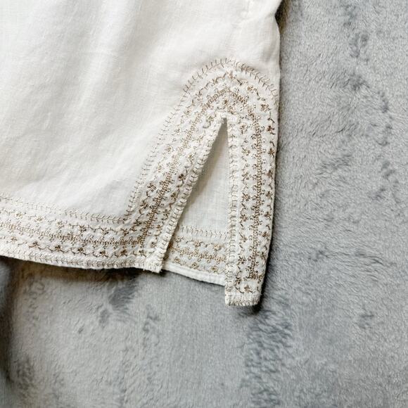 Saint Tropez West Linen Metallic Embroidered Pop Over Blouse Top White Gold Sz M - Picture 5 of 8